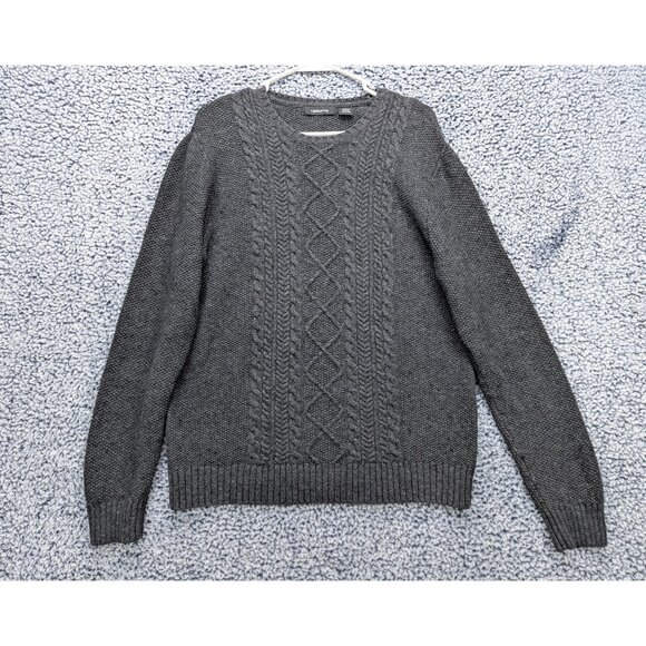 Liz Claiborne Cable Knit Fisherman Sweater Size LG Knit Wool Blend Chunky Gray - Picture 1 of 10